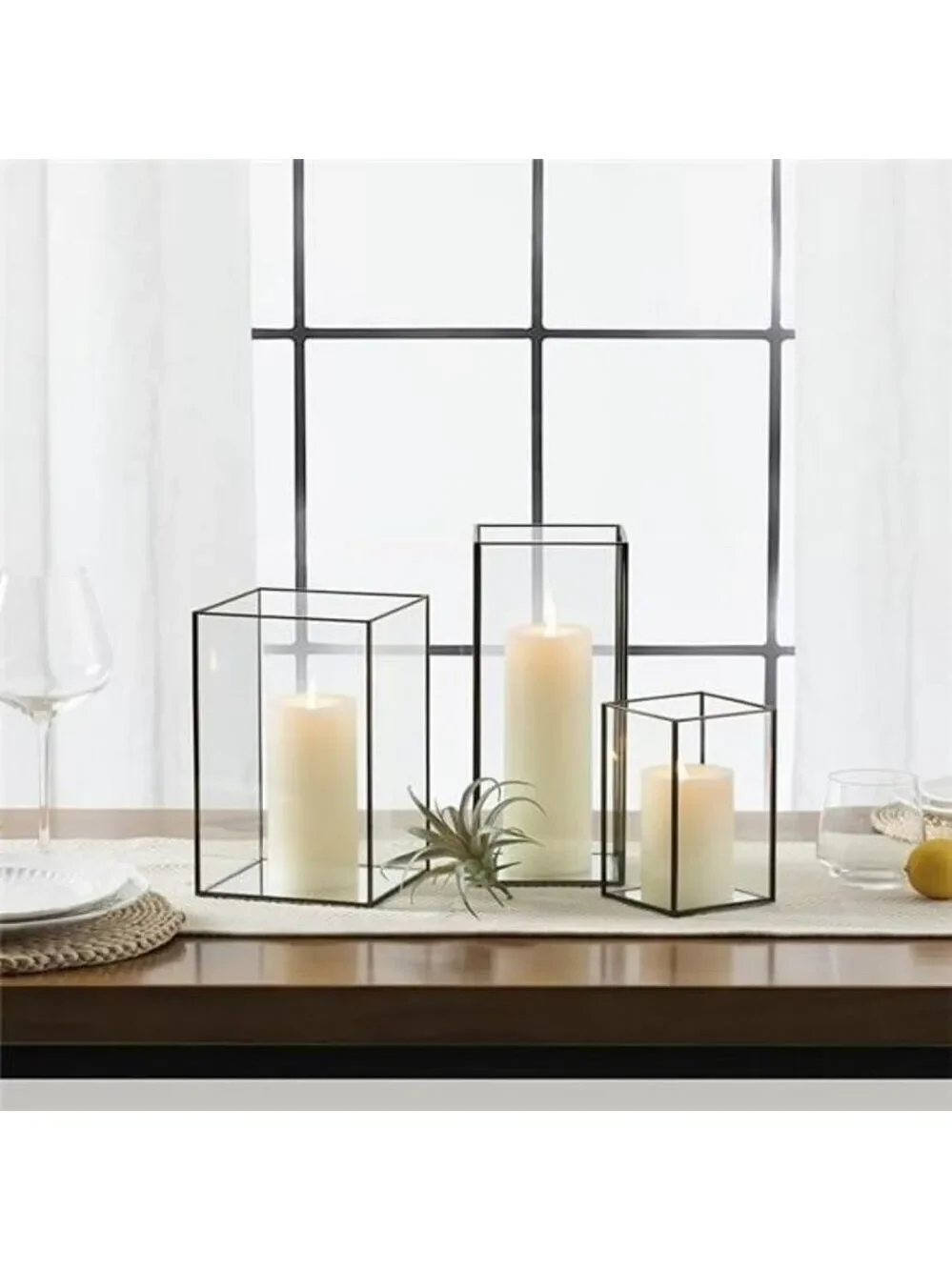Square Glass Hurricane Candle Holders Set of 3 Vintage Brass Frame Home Centerpi